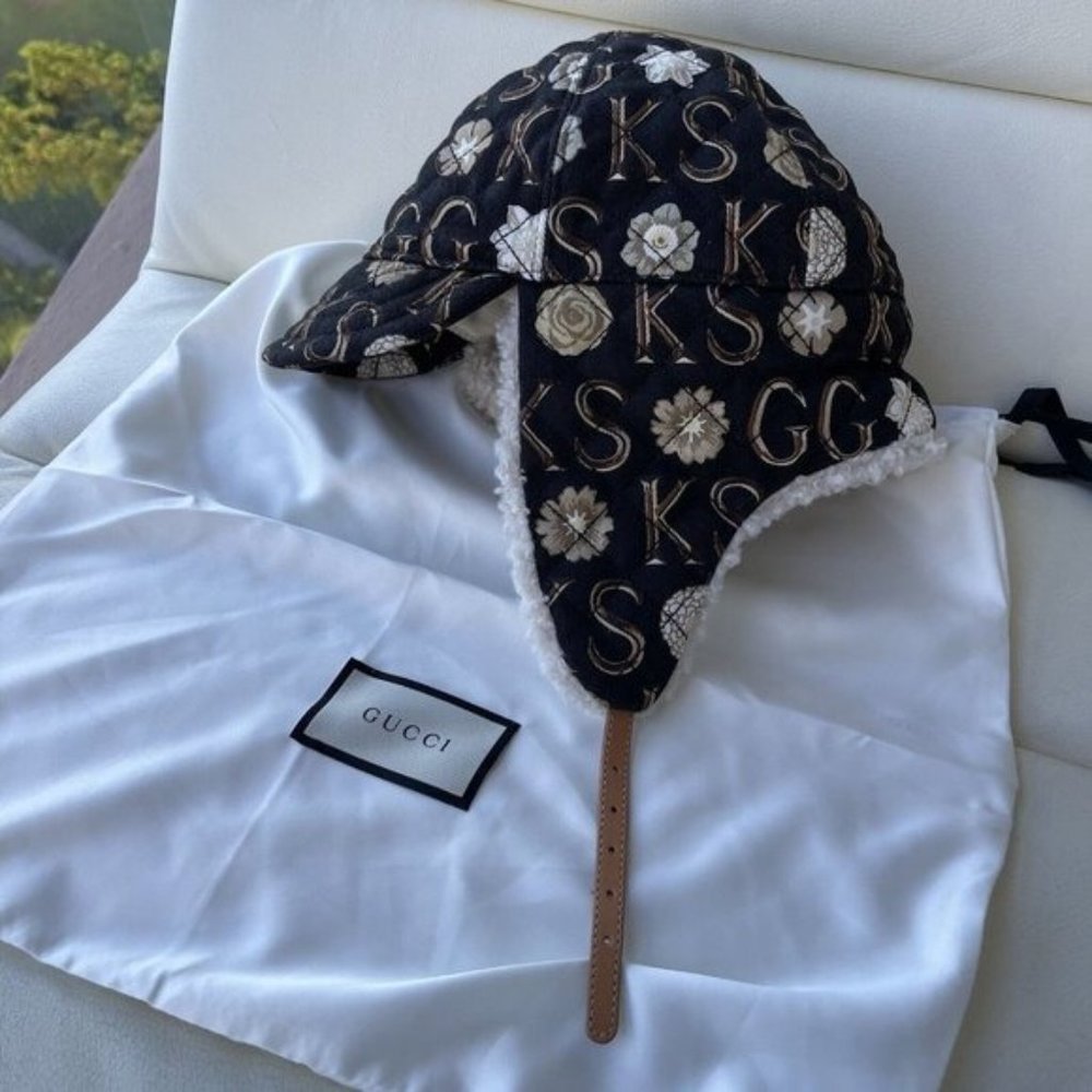 NEW GUCCI X KEN SCOTT Canvas Shearling Floral Print Cap Hat Size S Multicolor - Picture 7 of 11